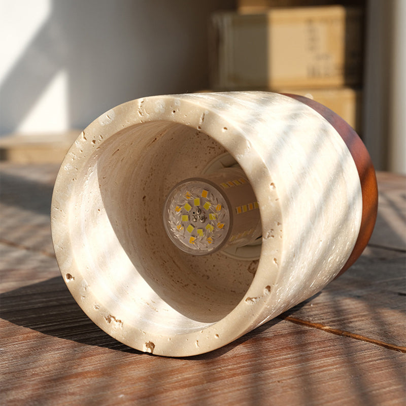 Traditional Japanese Wabi-Sabi Cylinder Yellow Travertine Solid Wood 1-Light Semi-Flush Mount Ceiling Light For Bedroom