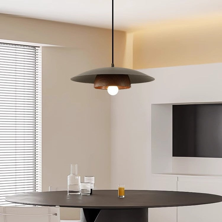 Traditionelle japanische Holzstruktur Runde Eisen 1-Licht Pendelleuchte für Wohnzimmer 