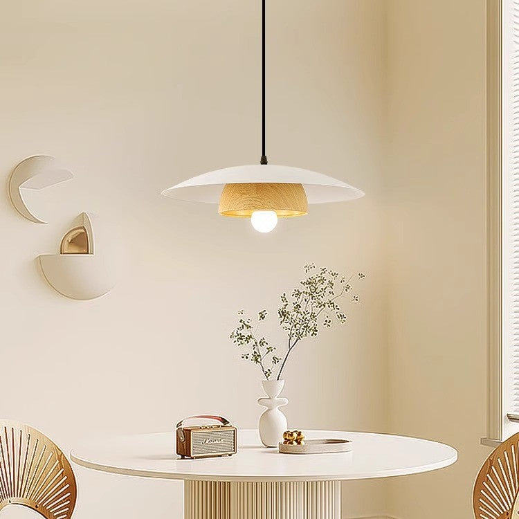 Traditionelle japanische Holzstruktur Runde Eisen 1-Licht Pendelleuchte für Wohnzimmer 