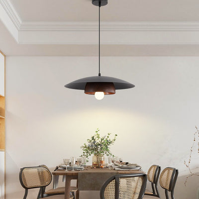 Traditionelle japanische Holzstruktur Runde Eisen 1-Licht Pendelleuchte für Wohnzimmer 
