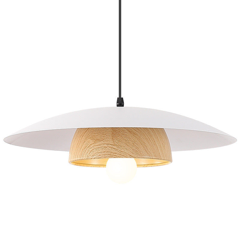 Traditionelle japanische Holzstruktur Runde Eisen 1-Licht Pendelleuchte für Wohnzimmer 
