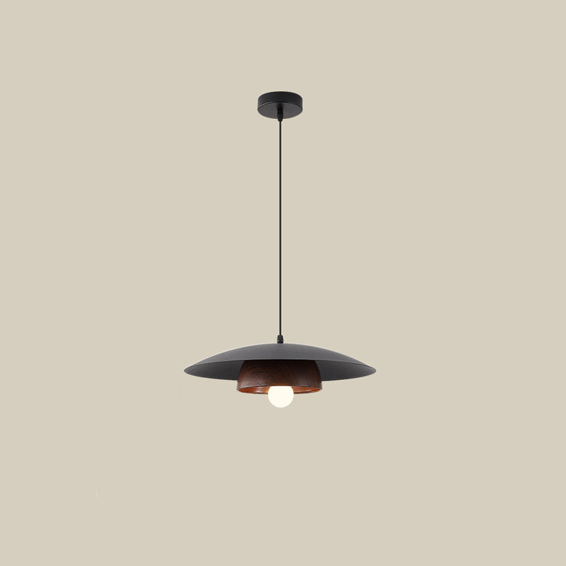 Traditionelle japanische Holzstruktur Runde Eisen 1-Licht Pendelleuchte für Wohnzimmer 