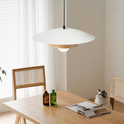 Traditionelle japanische Holzstruktur Runde Eisen 1-Licht Pendelleuchte für Wohnzimmer 