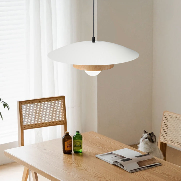 Traditionelle japanische Holzstruktur Runde Eisen 1-Licht Pendelleuchte für Wohnzimmer 