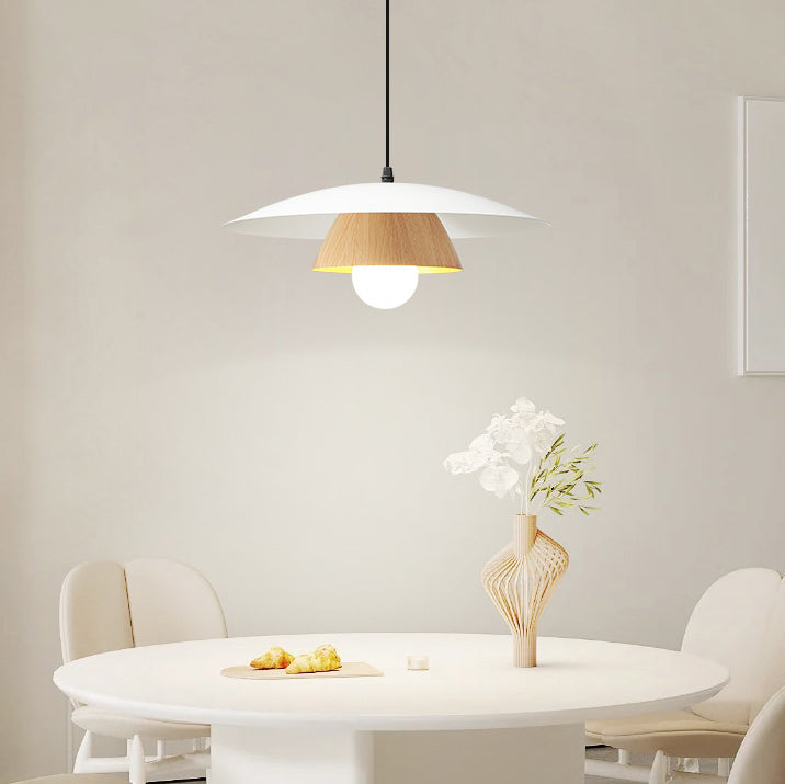 Traditionelle japanische Holzstruktur Runde Eisen 1-Licht Pendelleuchte für Wohnzimmer 