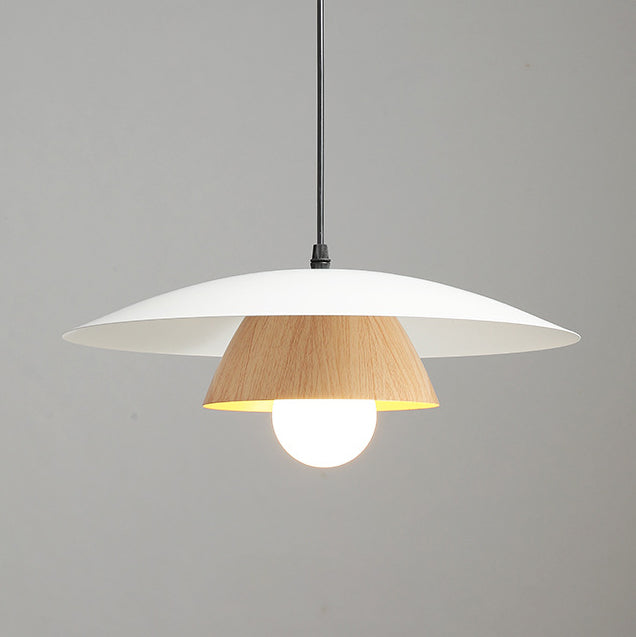 Traditionelle japanische Holzstruktur Runde Eisen 1-Licht Pendelleuchte für Wohnzimmer 