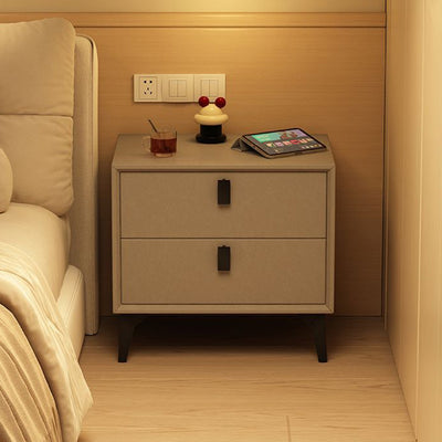 Contemporary Scandinavian Rectangular Leather Solid Wood Nightstand 2-Drawer For Bedroom