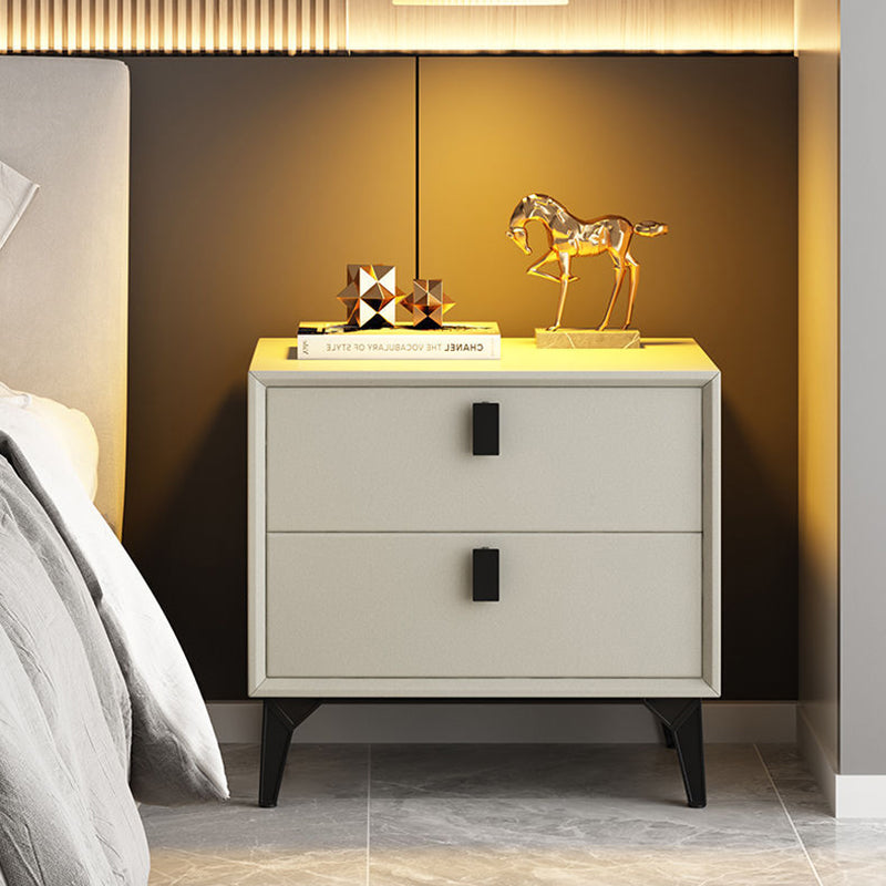 Contemporary Scandinavian Rectangular Leather Solid Wood Nightstand 2-Drawer For Bedroom