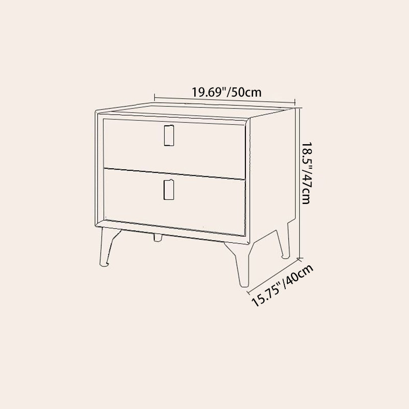 Contemporary Scandinavian Rectangular Leather Solid Wood Nightstand 2-Drawer For Bedroom