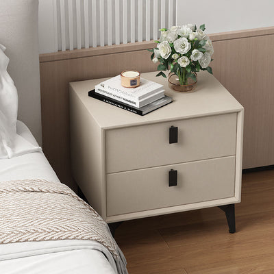 Contemporary Scandinavian Rectangular Leather Solid Wood Nightstand 2-Drawer For Bedroom