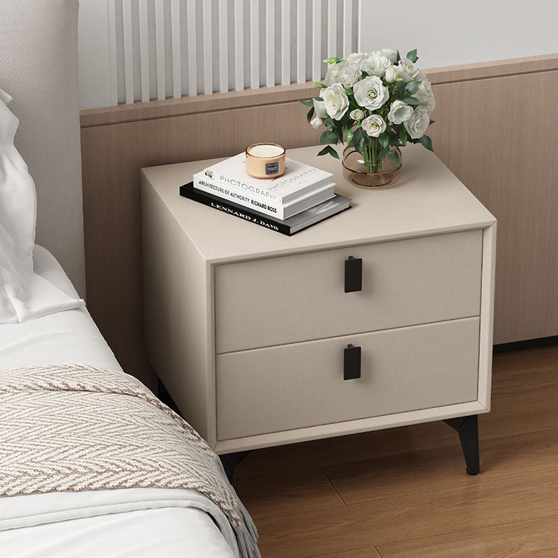 Contemporary Scandinavian Rectangular Leather Solid Wood Nightstand 2-Drawer For Bedroom