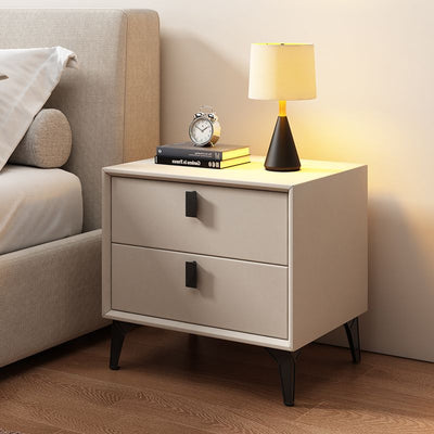 Contemporary Scandinavian Rectangular Leather Solid Wood Nightstand 2-Drawer For Bedroom