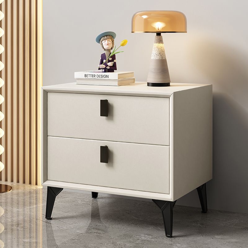 Contemporary Scandinavian Rectangular Leather Solid Wood Nightstand 2-Drawer For Bedroom