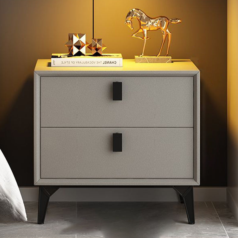 Contemporary Scandinavian Rectangular Leather Solid Wood Nightstand 2-Drawer For Bedroom