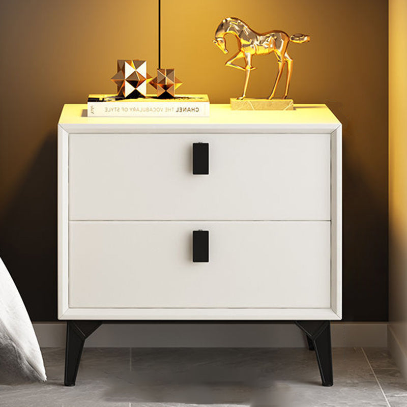 Contemporary Scandinavian Rectangular Leather Solid Wood Nightstand 2-Drawer For Bedroom