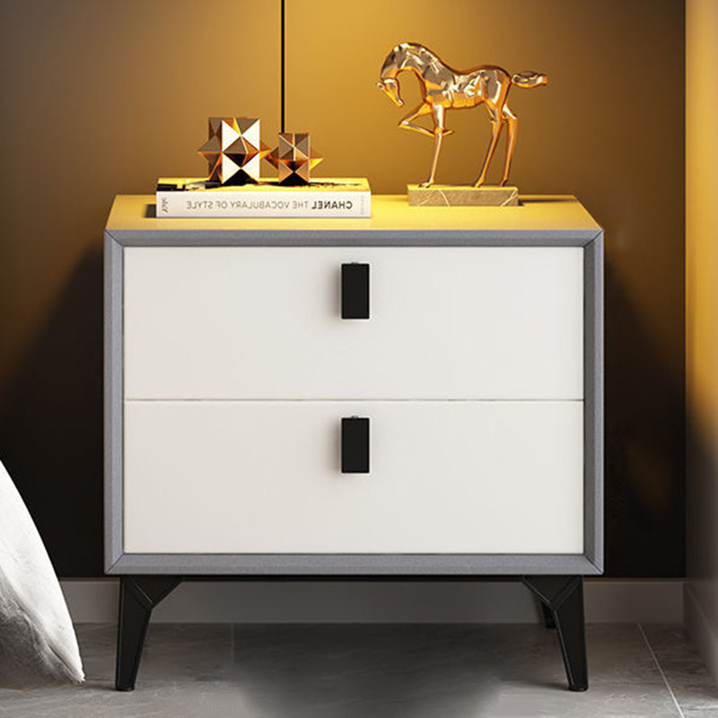 Contemporary Scandinavian Rectangular Leather Solid Wood Nightstand 2-Drawer For Bedroom
