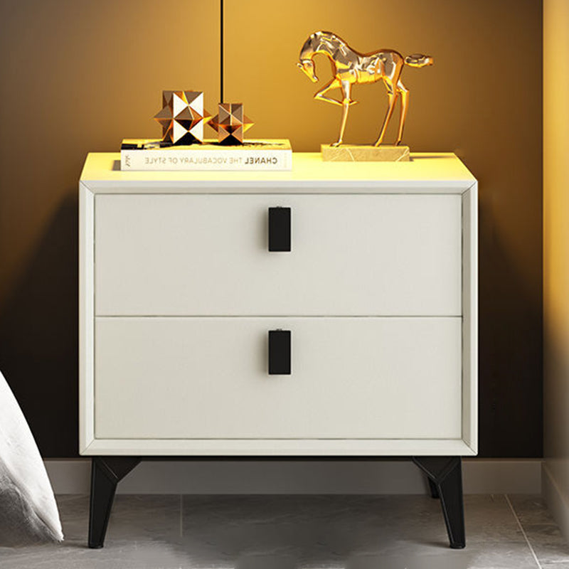 Contemporary Scandinavian Rectangular Leather Solid Wood Nightstand 2-Drawer For Bedroom