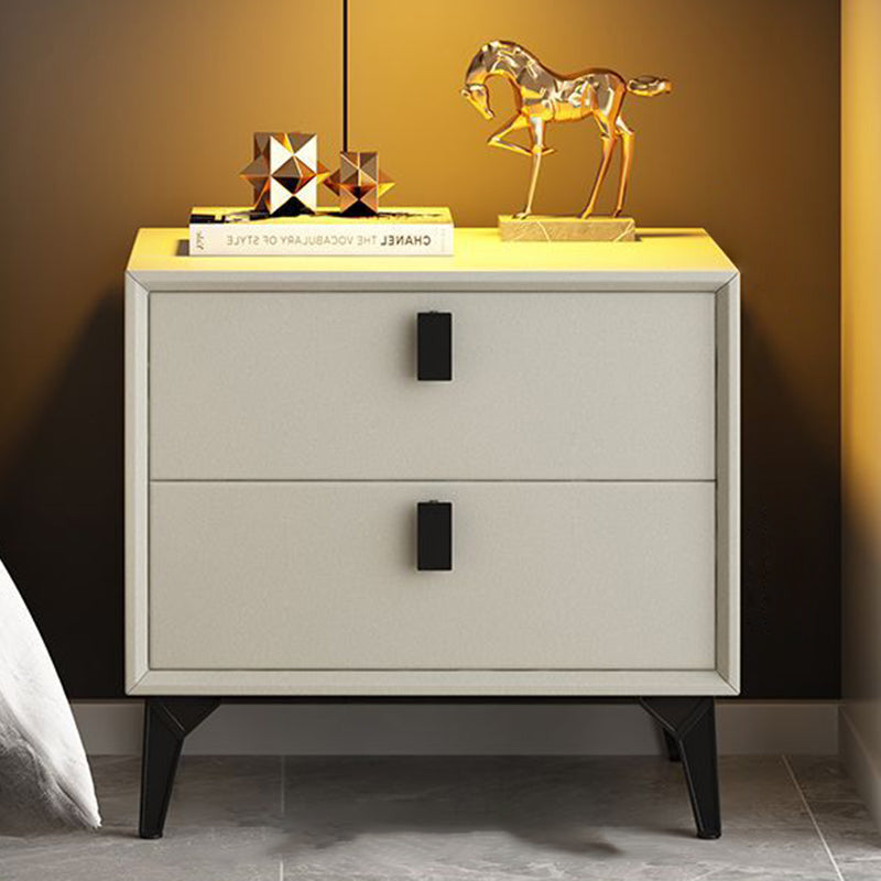 Contemporary Scandinavian Rectangular Leather Solid Wood Nightstand 2-Drawer For Bedroom