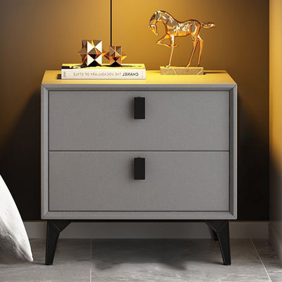 Contemporary Scandinavian Rectangular Leather Solid Wood Nightstand 2-Drawer For Bedroom