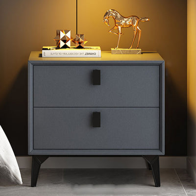 Contemporary Scandinavian Rectangular Leather Solid Wood Nightstand 2-Drawer For Bedroom