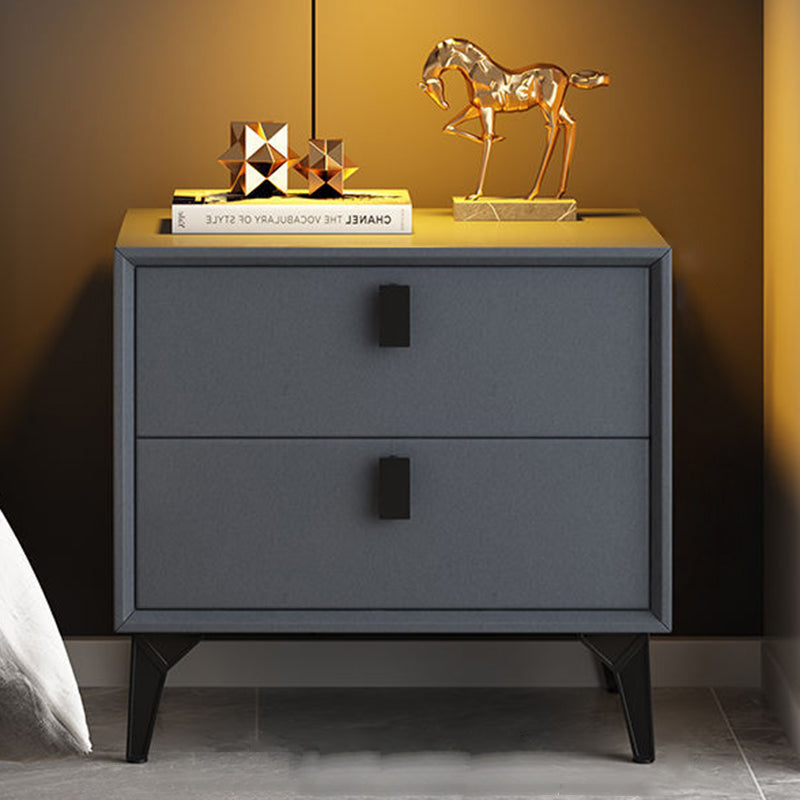 Contemporary Scandinavian Rectangular Leather Solid Wood Nightstand 2-Drawer For Bedroom