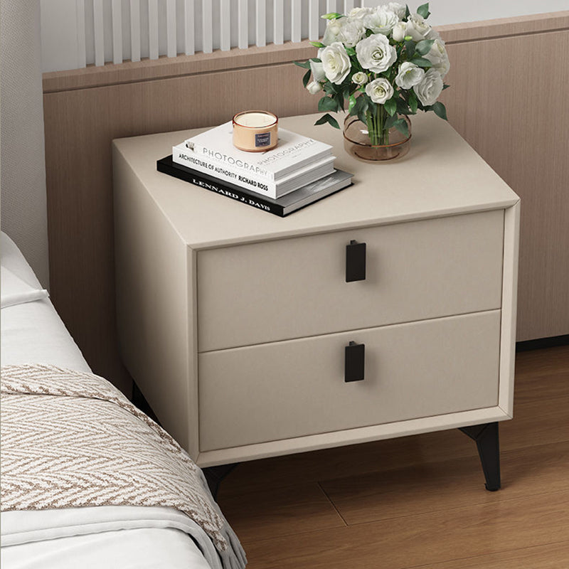 Contemporary Scandinavian Rectangular Leather Solid Wood Nightstand 2-Drawer For Bedroom