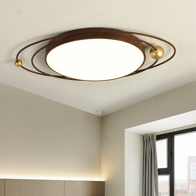 Traditional Chinese Round Wood Grain Iron Acrylic Flush Mount Ceiling Light For Bedroom