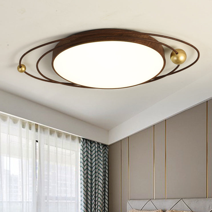 Traditional Chinese Round Wood Grain Iron Acrylic Flush Mount Ceiling Light For Bedroom