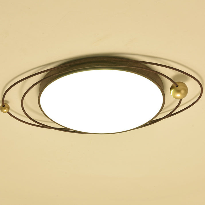 Traditional Chinese Round Wood Grain Iron Acrylic Flush Mount Ceiling Light For Bedroom