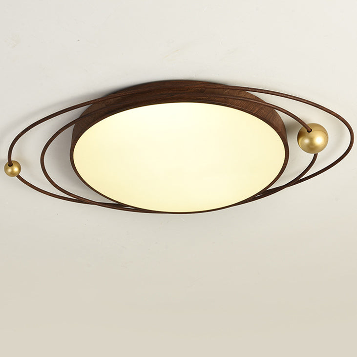 Traditional Chinese Round Wood Grain Iron Acrylic Flush Mount Ceiling Light For Bedroom