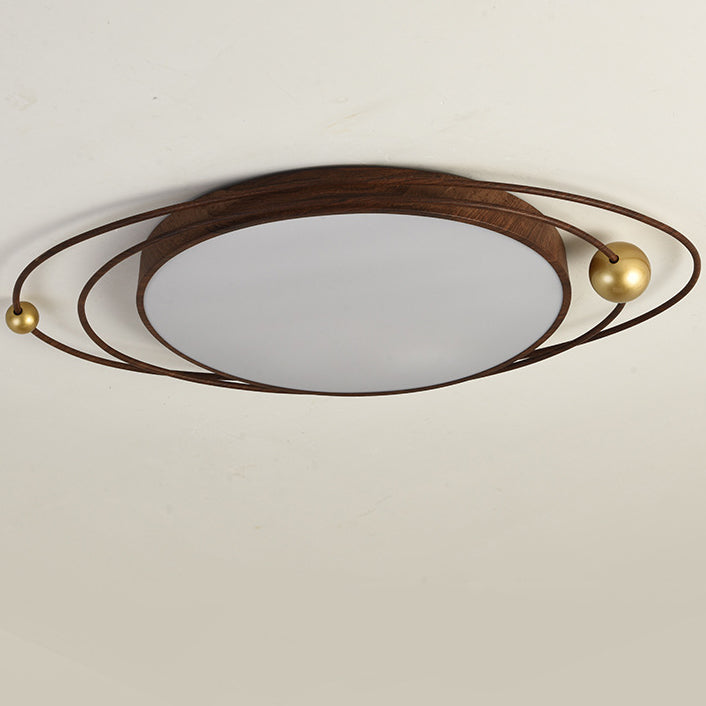 Traditional Chinese Round Wood Grain Iron Acrylic Flush Mount Ceiling Light For Bedroom