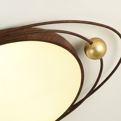 Traditional Chinese Round Wood Grain Iron Acrylic Flush Mount Ceiling Light For Bedroom