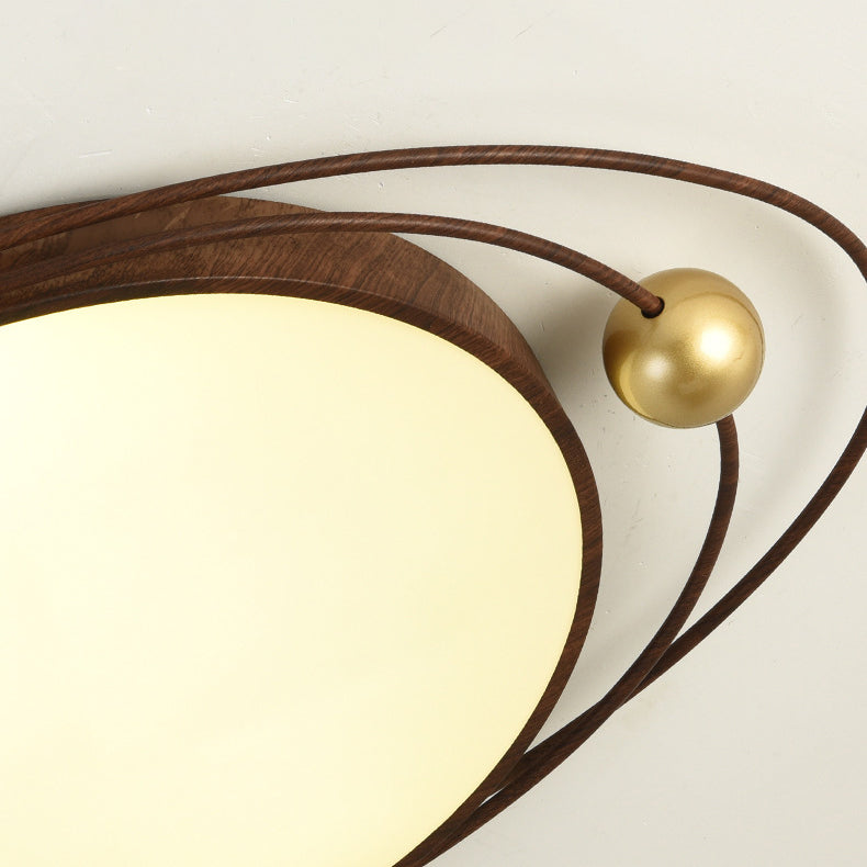Traditional Chinese Round Wood Grain Iron Acrylic Flush Mount Ceiling Light For Bedroom