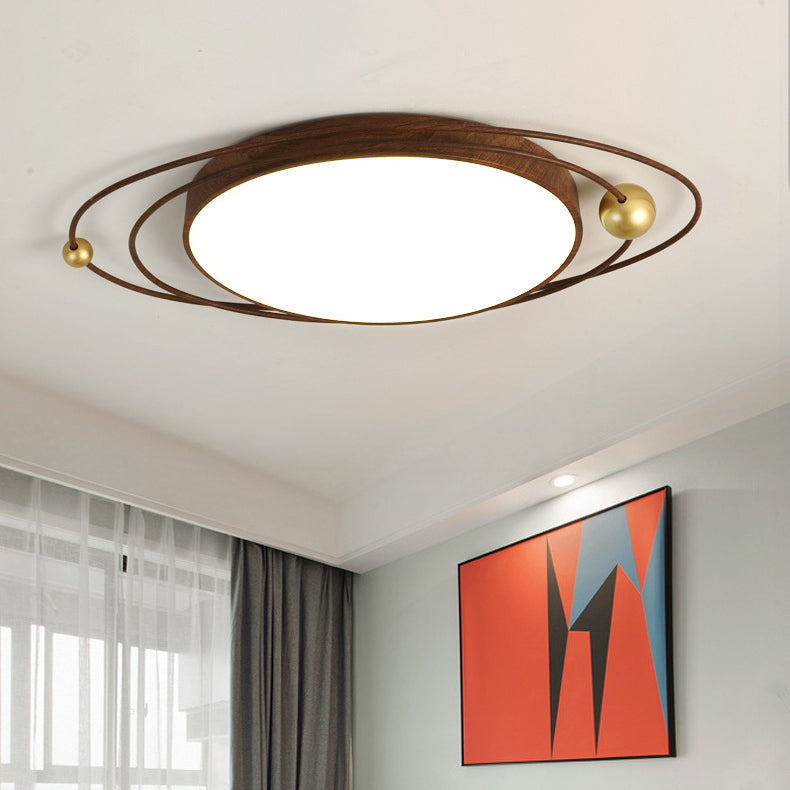 Traditional Chinese Round Wood Grain Iron Acrylic Flush Mount Ceiling Light For Bedroom