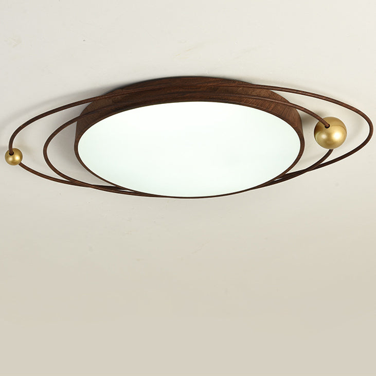 Traditional Chinese Round Wood Grain Iron Acrylic Flush Mount Ceiling Light For Bedroom
