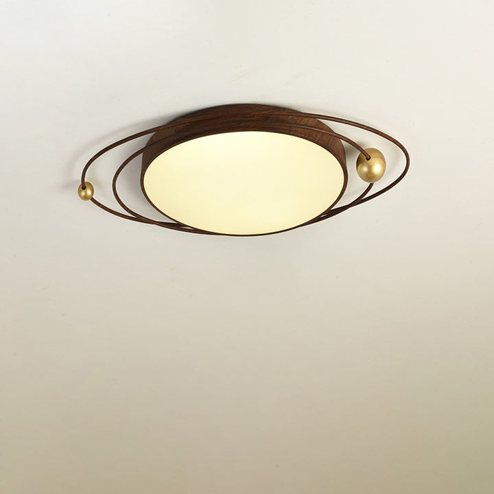 Traditional Chinese Round Wood Grain Iron Acrylic Flush Mount Ceiling Light For Bedroom