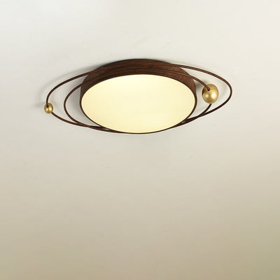 Traditional Chinese Round Wood Grain Iron Acrylic Flush Mount Ceiling Light For Bedroom