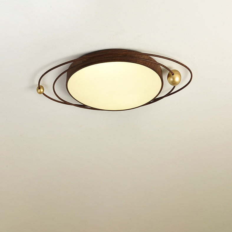 Traditional Chinese Round Wood Grain Iron Acrylic Flush Mount Ceiling Light For Bedroom