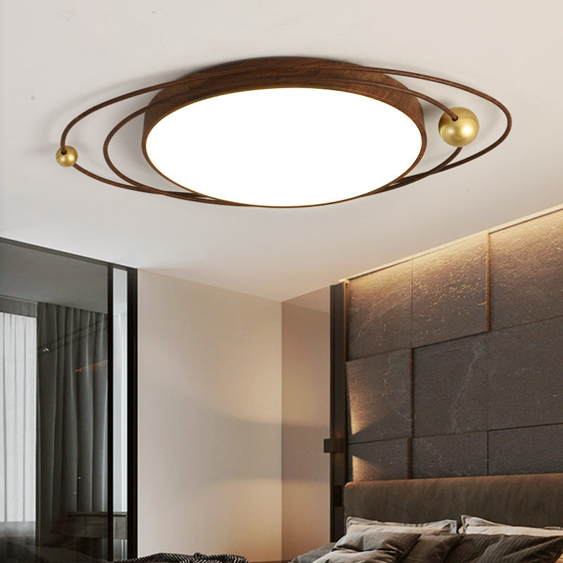 Traditional Chinese Round Wood Grain Iron Acrylic Flush Mount Ceiling Light For Bedroom