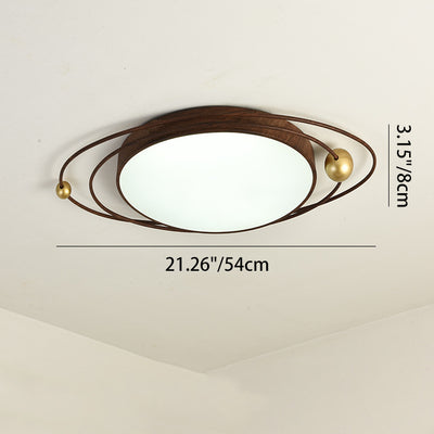 Traditional Chinese Round Wood Grain Iron Acrylic Flush Mount Ceiling Light For Bedroom