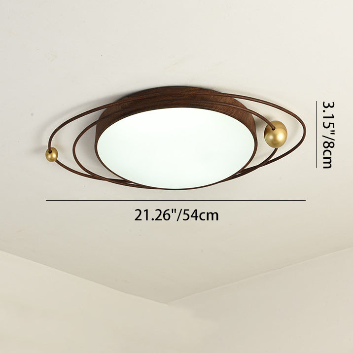 Traditional Chinese Round Wood Grain Iron Acrylic Flush Mount Ceiling Light For Bedroom