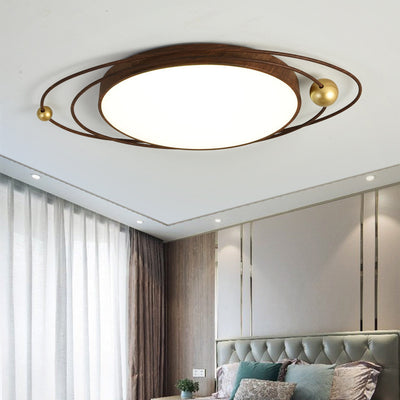 Traditional Chinese Round Wood Grain Iron Acrylic Flush Mount Ceiling Light For Bedroom
