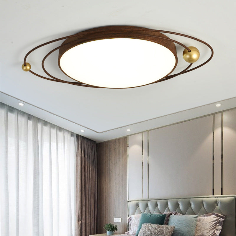 Traditional Chinese Round Wood Grain Iron Acrylic Flush Mount Ceiling Light For Bedroom