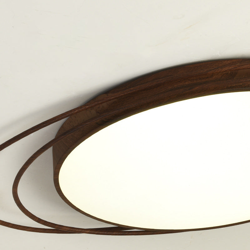 Traditional Chinese Round Wood Grain Iron Acrylic Flush Mount Ceiling Light For Bedroom