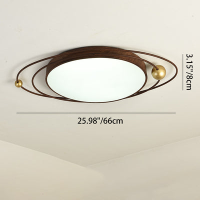 Traditional Chinese Round Wood Grain Iron Acrylic Flush Mount Ceiling Light For Bedroom