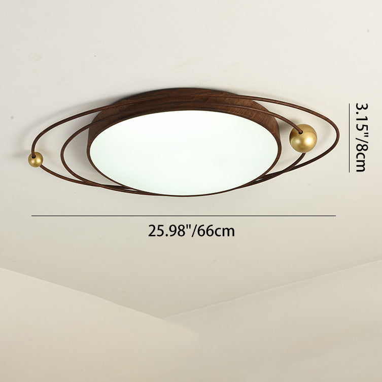 Traditional Chinese Round Wood Grain Iron Acrylic Flush Mount Ceiling Light For Bedroom