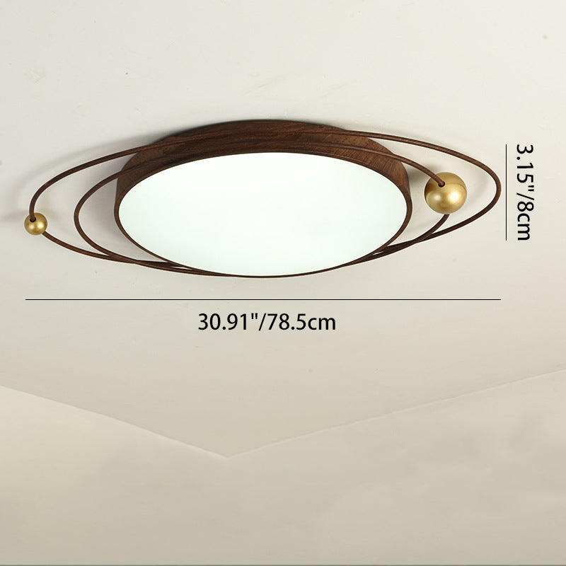 Traditional Chinese Round Wood Grain Iron Acrylic Flush Mount Ceiling Light For Bedroom