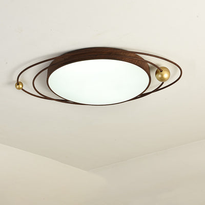 Traditional Chinese Round Wood Grain Iron Acrylic Flush Mount Ceiling Light For Bedroom