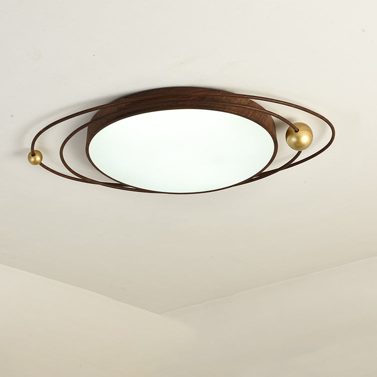 Traditional Chinese Round Wood Grain Iron Acrylic Flush Mount Ceiling Light For Bedroom