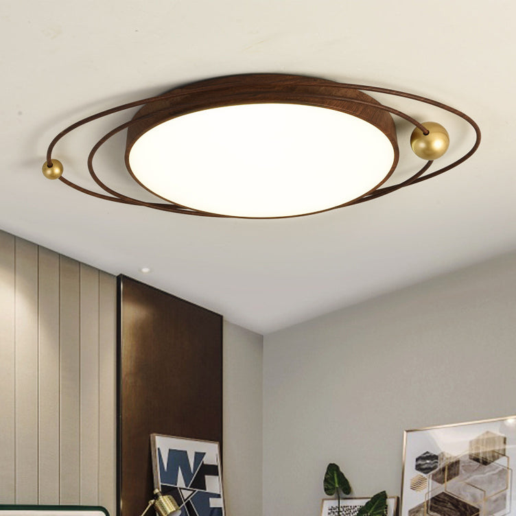 Traditional Chinese Round Wood Grain Iron Acrylic Flush Mount Ceiling Light For Bedroom